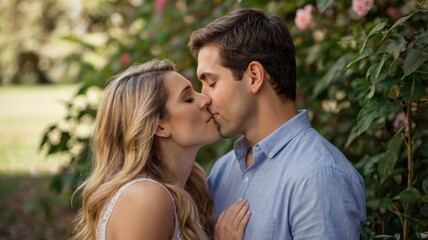 Fototapeta premium A couple sharing a romantic kiss amidst blooming flowers in a serene outdoor setting on a sunny day