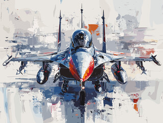 A fighter jet is painted in a very detailed and realistic manner. Concept of power and strength, as the jet is the main focus of the painting. The use of bold colors