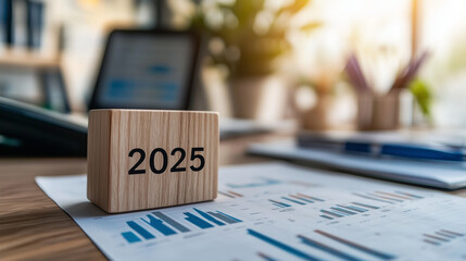 A carved wooden block with "2025" displayed on a polished desk next to a calendar, graphs of rising profits, and business strategy documents, representing future goals and annual a