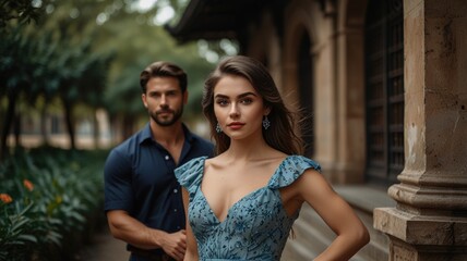 Obraz premium Stylishly dressed couple poses in a lush garden during golden hour, showcasing elegance and confidence