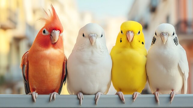 Four colorful parakeets perched on a railing, with a blurred city background.