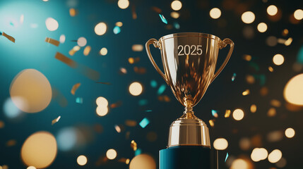 "2025" embossed in bold letters on a gold trophy, surrounded by confetti and lights, symbolizing outstanding achievements and accolades in the upcoming year.