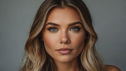 Naklejka premium Close-up portrait of a woman with striking blue eyes and long wavy hair against a neutral background