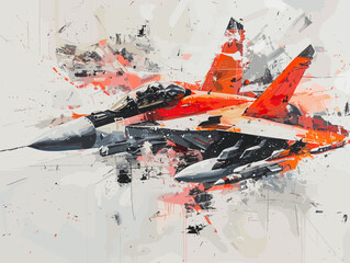 A fighter jet is painted in a very detailed and realistic manner. Concept of power and strength, as the jet is the main focus of the painting. The use of bold colors