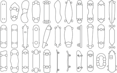 Skateboard icon set for T-Shirt design. Thin line art editable stroke.