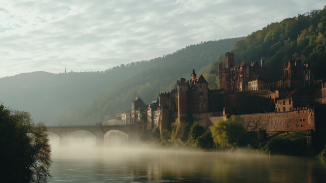 Heidelberg Castle, the ruins of an old castle standing majestically on a green hill with a view of the Neckar River below, a thin mist covers the hill in the morning, Ai generated images
