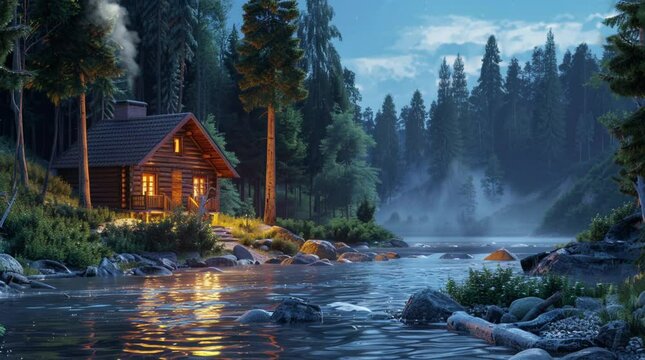 Charming wooden cabin nestled by a serene river in a mystical fantasy forest, surrounded by lush greenery and enchanting wildlife
 Seamless looping 4k time-lapse virtual video animation Generated AI