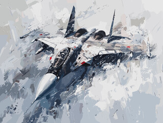 A fighter jet is painted in a very detailed and realistic manner. Concept of power and strength, as the jet is the main focus of the painting. The use of bold colors