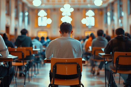 Blurry exam room with students taking final test.