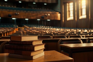 Education concept   books on the desk in the auditorium