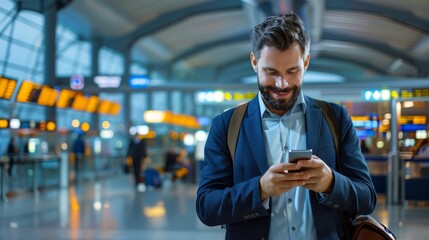 Businessman Checking Flight Details at Airport