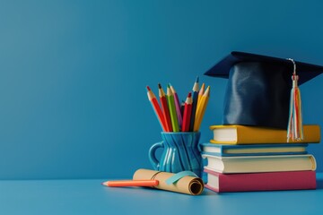 Fototapeta premium Graduation concept with books pencils and mortarboard.