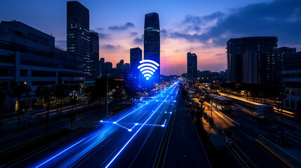 Fototapeta premium A network of 5G wireless signals flowing across a modern cityscape during sunset, connecting skyscrapers, transportation, and people in a seamless web of communication.
