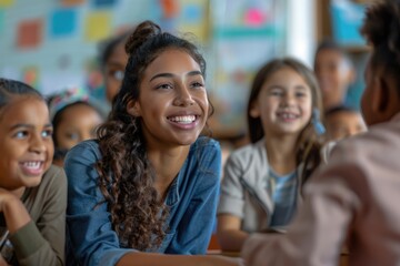 Fototapeta premium Happy diverse school children and teacher in classroom. Modern education concept.