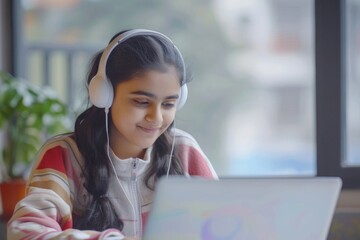 Indian girl studies online during pandemic quarantine.