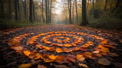 A delicate spiral of fallen leaves in various autumn hues, perfectly arranged in a circle amidst the tranquil forest landscape, soft light filtering through trees