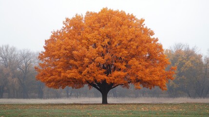 Vibrant orange tree in an empty field during autumn season.
