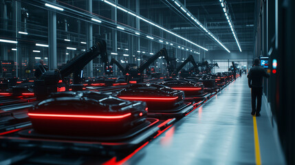 A futuristic logistics hub warehouse, with robotic arms and conveyor belts organizing cargo for transport, as workers monitor the process on digital tablets.