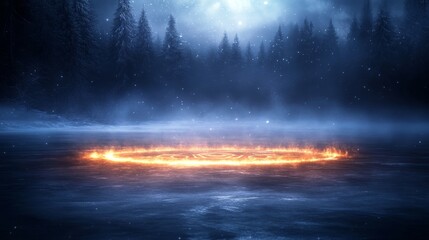 Naklejka premium A fantasy-inspired frozen lake at the center of an ancient, snow-covered mountain ring, with glowing runes on the icy surface and a soft mist swirling