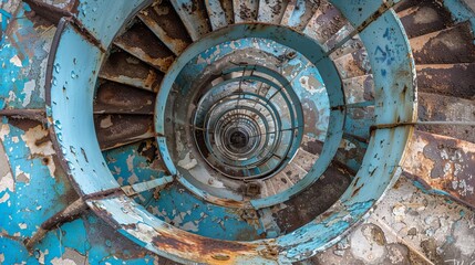 Winding Down Abstract View of Spiral Staircase with Peeling Paint, Emphasizing Geometric Patterns
