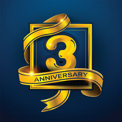 3rd Anniversary design a golden ribbon wrapped around the number '3' on a dark blue background. Perfect for celebrating milestones or promoting anniversary events with a luxurious.