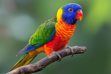 Fototapeta premium Colorful parrot is perched on a branch. The bird is green, red, and blue. Colorful Rainbow Lorikeet perched on a branch, showcasing vibrant plumage and natural beauty