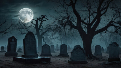 halloween night scene with moon in the cemetery 