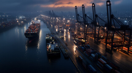 Naklejka premium An aerial view of a cargo port at sunrise, with containers being loaded onto ships by cranes, while port workers coordinate the operation on the dockside.