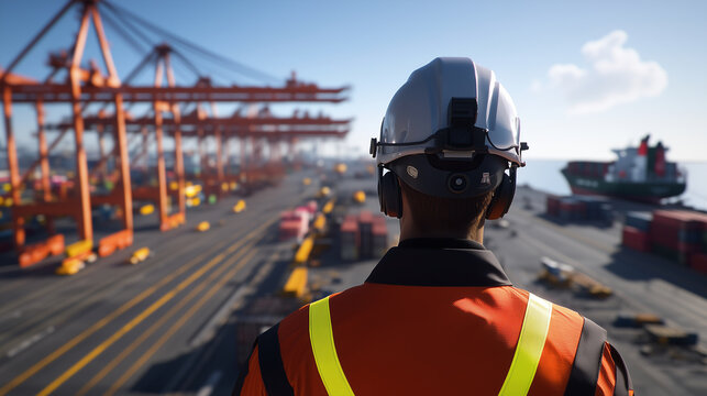 A cargo port worker overseeing the loading of a container ship, while massive cranes and trucks move goods in the background under a clear sky.