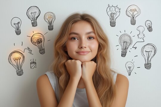 Girl is standing in front of a whiteboard with many drawings and equations. She is smiling. Curious Woman With Idea concept over a white background - Powered by Adobe