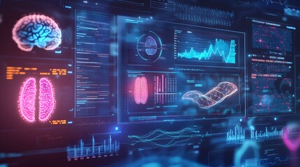 abstract technology ui futuristic human medical hud interface hologram elements of digital data chart, DNA,Fingerprint,Brain computing circle vitality innovation on hi tech future design background. 