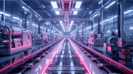 Fototapeta premium High-tech factory with AI-driven systems, IoT-enabled machinery, smart sensors optimizing production, futuristic industrial setting, advanced technology