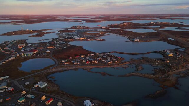 Aerial Of Tuktoyaktuk Hamlet In The Coast Of Beaufort Sea At Arctic Ocean In Northwest Territories, Canada. wide shot