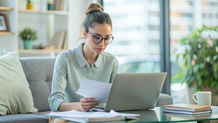Documents, finance and woman with laptop in home office for debt budget, taxes and remote work. Freelance, accounting and female online for savings, review or analysis, development or business growth