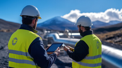 Obraz premium Workers at a geothermal power plant, with tablets in hand, standing near the large pipes and checking system performance under a clear blue sky.