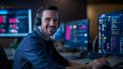 A confident customer service agent with neatly styled hair, wearing a crisp shirt and modern headset, sits at a sleek office desk. He's smiling brightly as he assists a client over