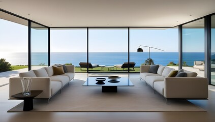 Fototapeta premium Modern luxury living room in an oceanfront home, featuring minimalist decor, designer furniture, and large glass windows framing a spectacular coastal view. Sleek, sophisticated, and contemporary.