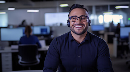 Fototapeta premium A cheerful and confident telemarketing agent, wearing glasses and a business casual outfit, actively consulting a client through his wireless headset. The well-lit office features