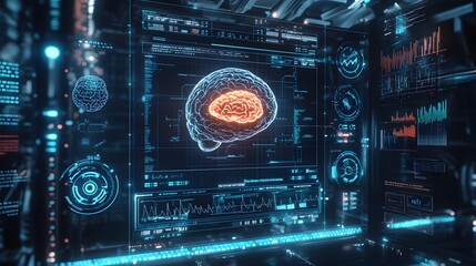 Obraz premium abstract technology ui futuristic human medical hud interface hologram elements of digital data chart, DNA,Fingerprint,Brain computing circle vitality innovation on hi tech future design background. 