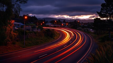 Long exposure shot of a road at night with vibrant light trails from passing vehicles, creating a dynamic and energetic scene.
