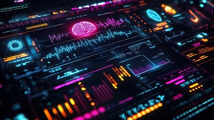 Naklejka premium abstract technology ui futuristic human medical hud interface hologram elements of digital data chart, DNA,Fingerprint,Brain computing circle vitality innovation on hi tech future design background. 