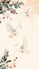 Design a serene and uplifting background for the International Day of Peace, showcasing peaceful doves, olive branches, and soft, harmonious colors, with plenty of space for messages 