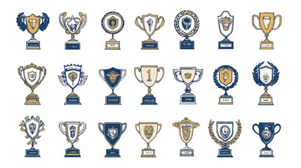 Awards and trophy linear icons set. Collection of badges medals and cups. Champion medals for winners. Vector illustration.