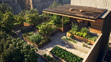 a realistic image of a modern, eco-friendly urban garden rooftop, showcasing the latest sustainable design trends and innovative technologies for green spaces in bustling cities. sky garden on rooftop