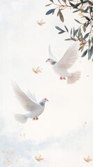 Obraz premium Design a serene and uplifting background for the International Day of Peace, showcasing peaceful doves, olive branches, and soft, harmonious colors, with plenty of space for messages 