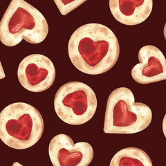 Valentine's Day red jam heart cookies. Seamless pattern on a dark background painted with watercolor. For design, textile, wallpaper, fabric, packaging, scrapbooking