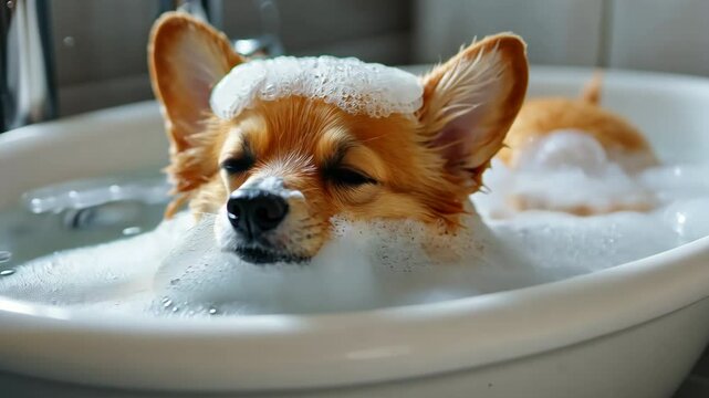 A dog is in a bathtub with bubbles and appears to be relaxed