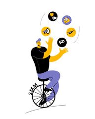 A man in casual clothes rides a unicycle and juggles social media marketing tools. Modern style illustration on the topic of attracting attention in social networks. SMM manager. © Юлия Прыкина
