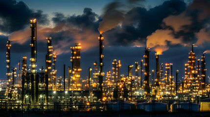Naklejka premium An expansive oil refinery complex at night, glowing with intense industrial lights against a dark sky, with columns of metal pipes and storage tanks producing thick clouds of vapor