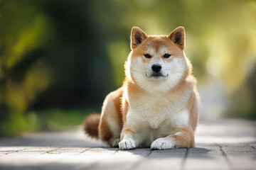 shiba inu dog lying on a sidewalk in the park